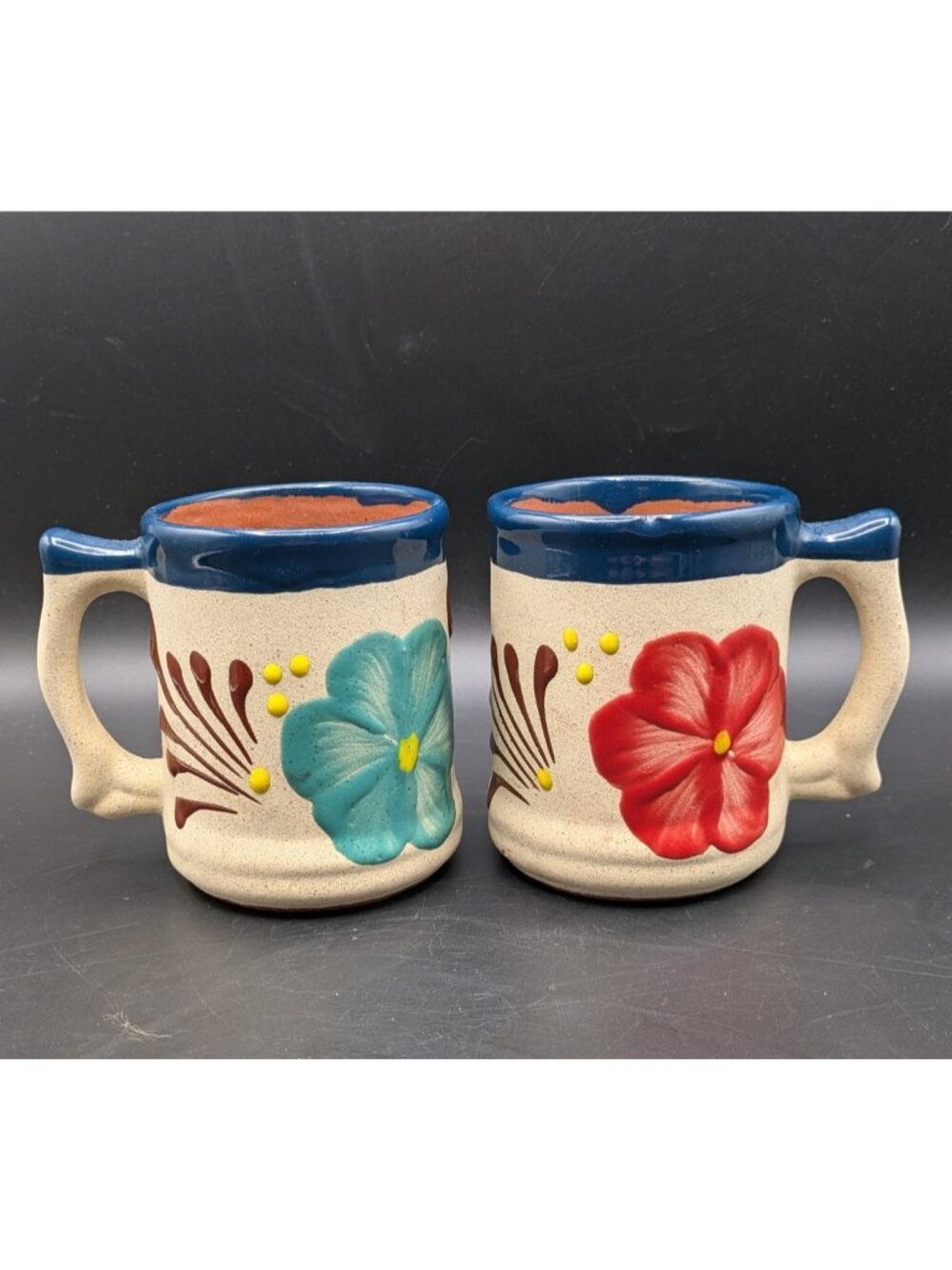 2 Mexican Folk Art Clay 14oz Coffee Tea Mug Flowers Colorful Talavera Vintage